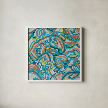 Emerald Paisley II by Silvia Vassileva. Shown in a crisp white glass frame for a clean and minimalist style. Available as an archival giclee rolled canvas, fine art paper, or poster print. SKU 64820a.