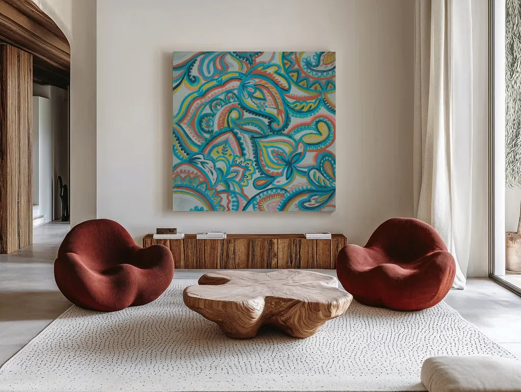 Emerald Paisley II by Silvia Vassileva. Shown as extra-large giant wall art in a modern living room. Available as an archival giclee rolled canvas, fine art paper, or poster print. SKU 64820a.