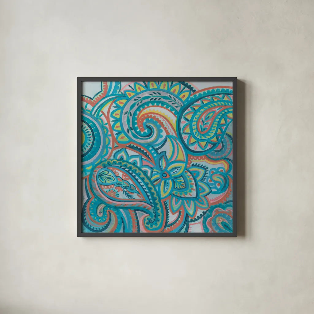 Emerald Paisley III by Silvia Vassileva. Shown in a sleek black glass frame for a contemporary gallery look. Available as an archival giclee rolled canvas, fine art paper, or poster print. SKU 64821a.