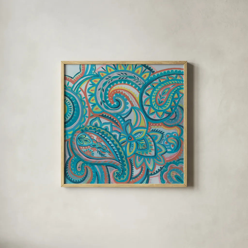 Emerald Paisley III by Silvia Vassileva. Shown in a natural wood glass frame for a timeless modern aesthetic. Available as an archival giclee rolled canvas, fine art paper, or poster print. SKU 64821a.