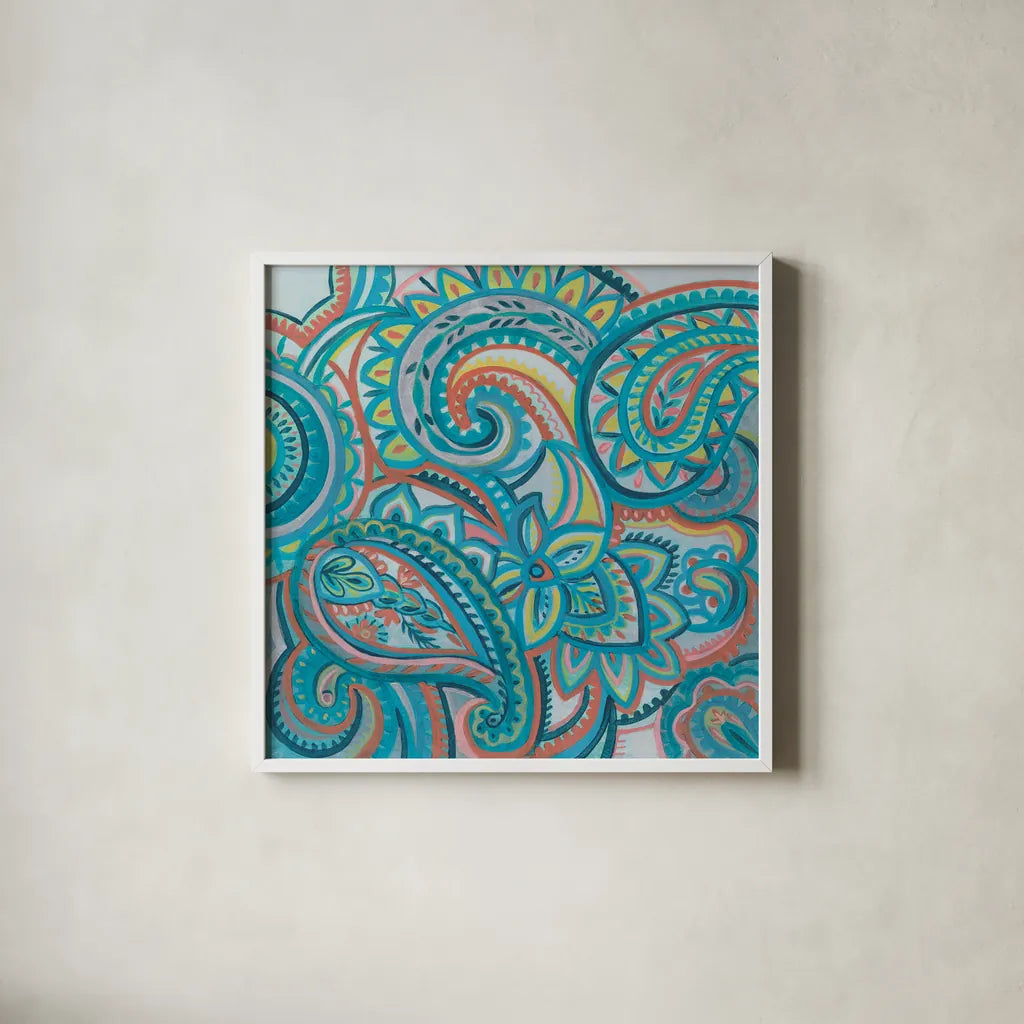 Emerald Paisley III by Silvia Vassileva. Shown in a crisp white glass frame for a clean and minimalist style. Available as an archival giclee rolled canvas, fine art paper, or poster print. SKU 64821a.