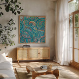 Emerald Paisley III by Silvia Vassileva. Shown in a natural wood frame in a cozy modern living room. Available as an archival giclee rolled canvas, fine art paper, or poster print. SKU 64821a.