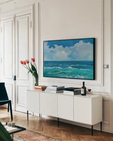 Emerald Wave by Silvia Vassileva. shown as a framed stretched canvas in a living room above a console. Available as a archival giclee rolled canvas, fine art paper, or poster print. SKU 83508i.