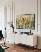 End of Summer Garden by Silvia Vassileva. shown as a framed stretched canvas in a living room above a console. Available as a archival giclee rolled canvas, fine art paper, or poster print. SKU 74314i.