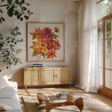English Garden I by Silvia Vassileva. Shown in a natural wood frame in a cozy modern living room. Available as an archival giclee rolled canvas, fine art paper, or poster print. SKU 30148a.