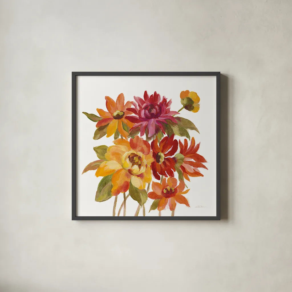 English Garden I on White by Silvia Vassileva. Shown in a sleek black glass frame for a contemporary gallery look. Available as an archival giclee rolled canvas, fine art paper, or poster print. SKU 32137a.