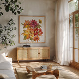 English Garden I on White by Silvia Vassileva. Shown in a natural wood frame in a cozy modern living room. Available as an archival giclee rolled canvas, fine art paper, or poster print. SKU 32137a.