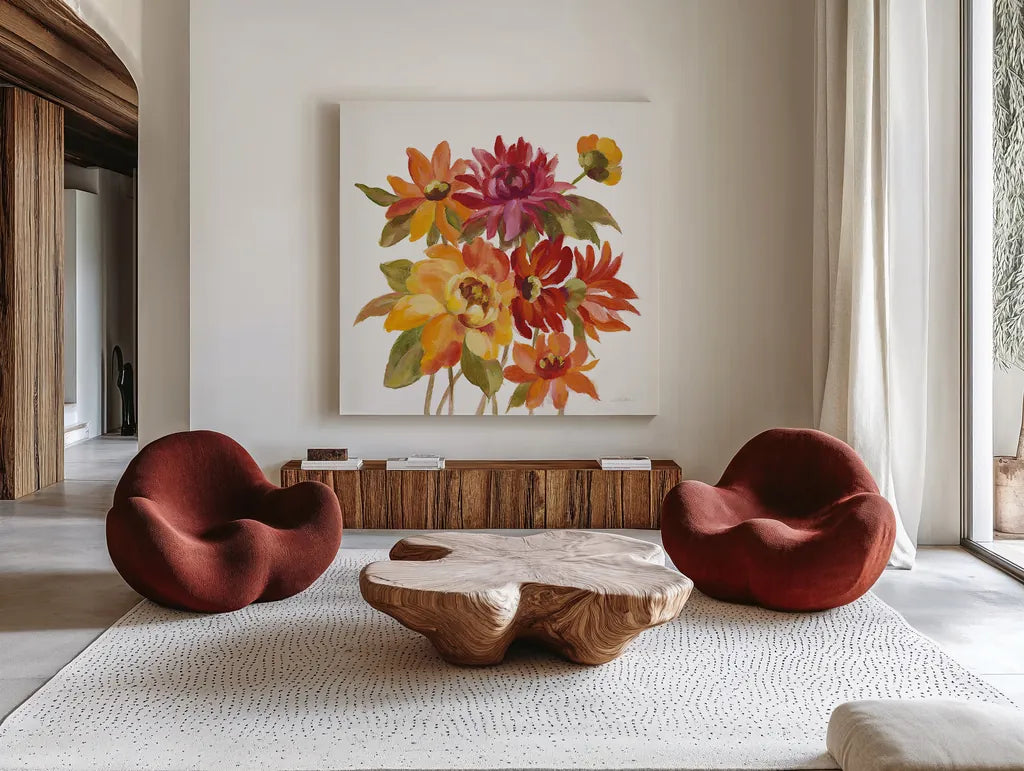 English Garden I on White by Silvia Vassileva. Shown as extra-large giant wall art in a modern living room. Available as an archival giclee rolled canvas, fine art paper, or poster print. SKU 32137a.
