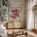 English Garden III Stem by Silvia Vassileva. Shown in a natural wood frame in a cozy modern living room. Available as an archival giclee rolled canvas, fine art paper, or poster print. SKU 30574a.