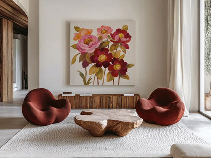 English Garden IV by Silvia Vassileva. Shown as extra-large giant wall art in a modern living room. Available as an archival giclee rolled canvas, fine art paper, or poster print. SKU 30151a.