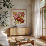 English Garden IV on White by Silvia Vassileva. Shown in a natural wood frame in a cozy modern living room. Available as an archival giclee rolled canvas, fine art paper, or poster print. SKU 32138a.