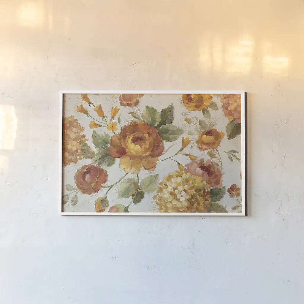 English Garden on Gray Crop by Silvia Vassileva. shown as a paper print in a white frame. Available as a archival giclee rolled canvas, fine art paper, or poster print. SKU 33730i.
