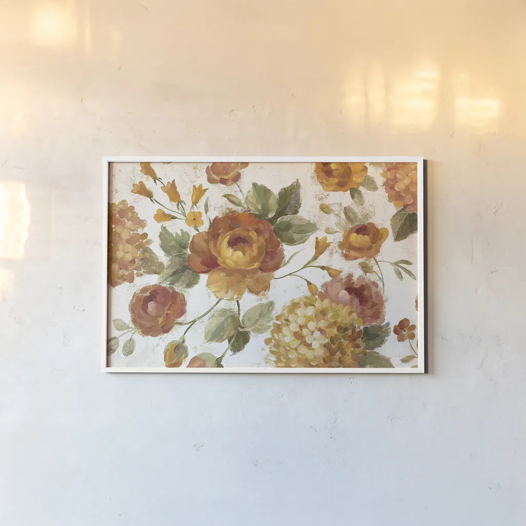 English Garden on White Crop by Silvia Vassileva. shown as a paper print in a white frame. Available as a archival giclee rolled canvas, fine art paper, or poster print. SKU 33729i.