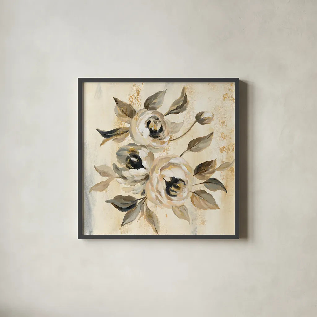 English Rose I by Silvia Vassileva. Shown in a sleek black glass frame for a contemporary gallery look. Available as an archival giclee rolled canvas, fine art paper, or poster print. SKU 30443a.