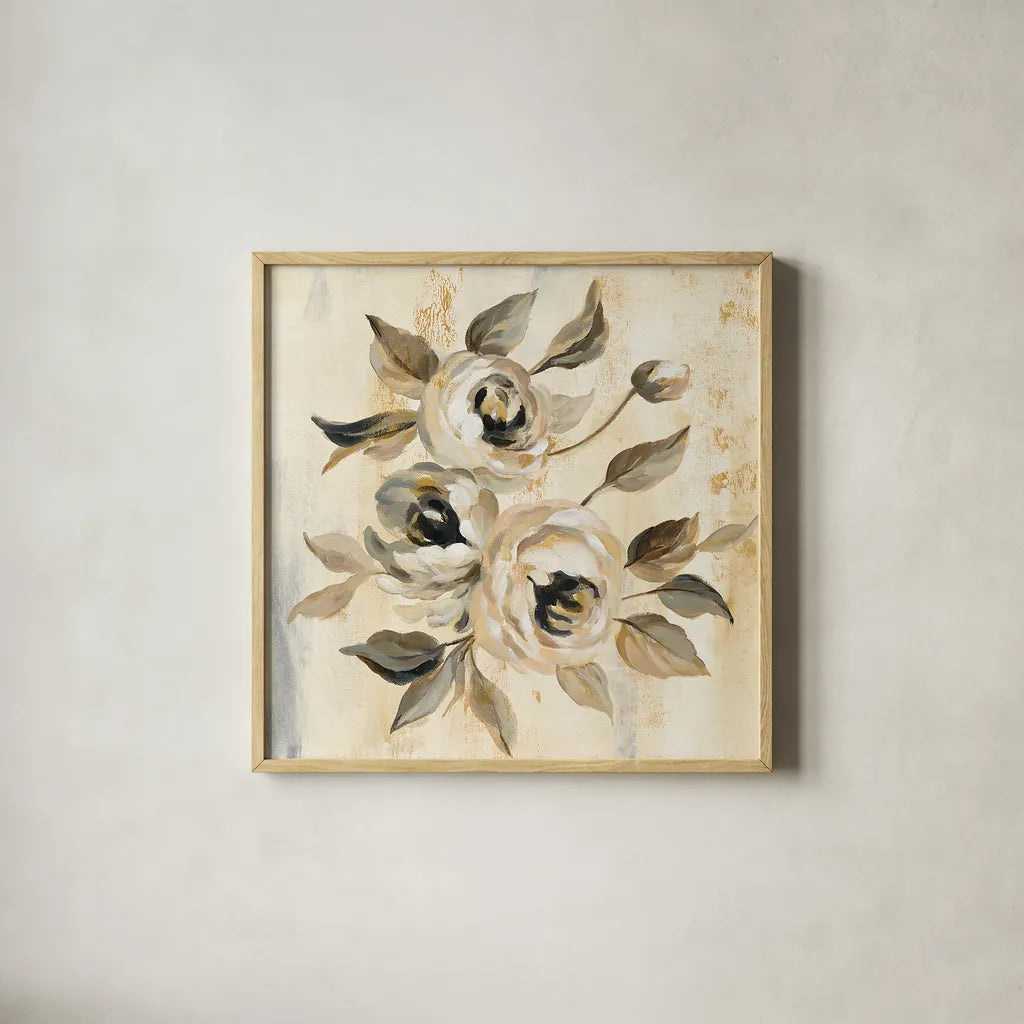 English Rose I by Silvia Vassileva. Shown in a natural wood glass frame for a timeless modern aesthetic. Available as an archival giclee rolled canvas, fine art paper, or poster print. SKU 30443a.