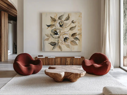 English Rose I by Silvia Vassileva. Shown as extra-large giant wall art in a modern living room. Available as an archival giclee rolled canvas, fine art paper, or poster print. SKU 30443a.