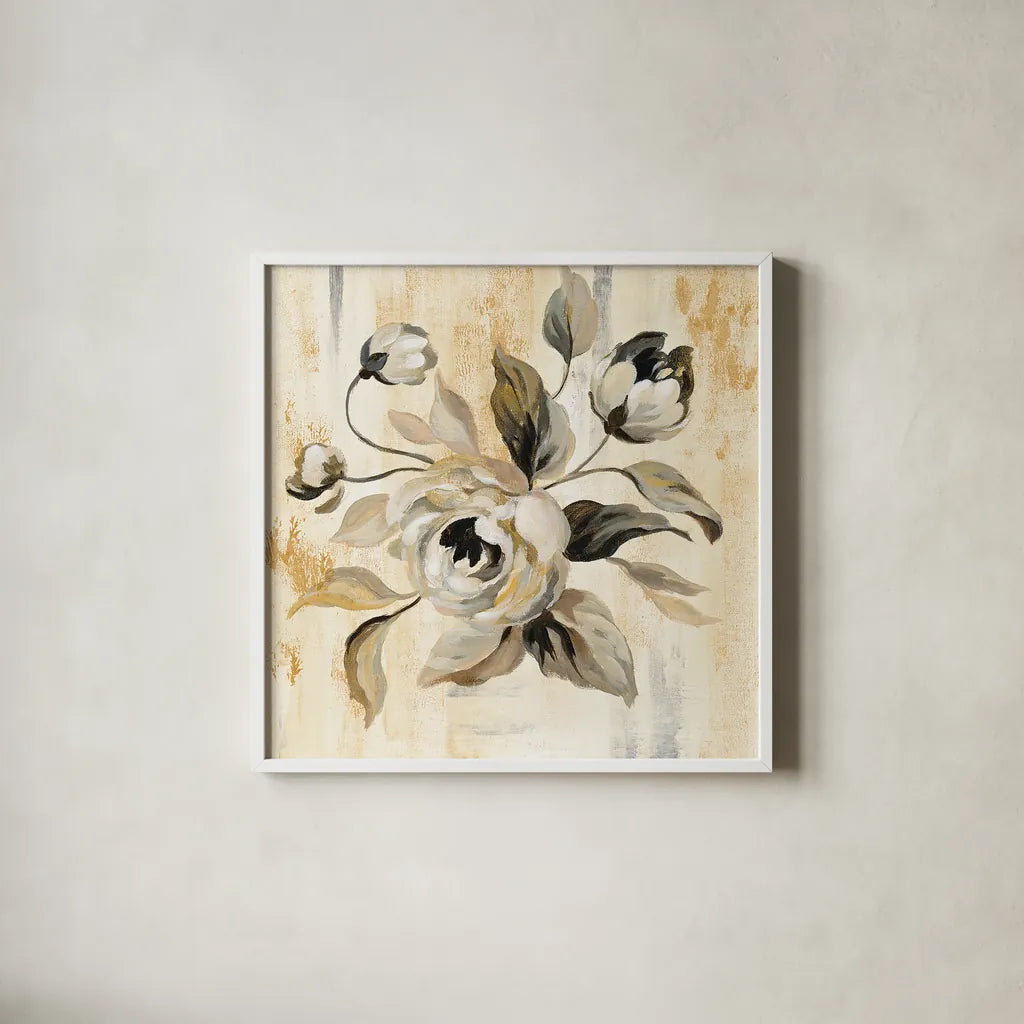English Rose II by Silvia Vassileva. Shown in a crisp white glass frame for a clean and minimalist style. Available as an archival giclee rolled canvas, fine art paper, or poster print. SKU 30444a.