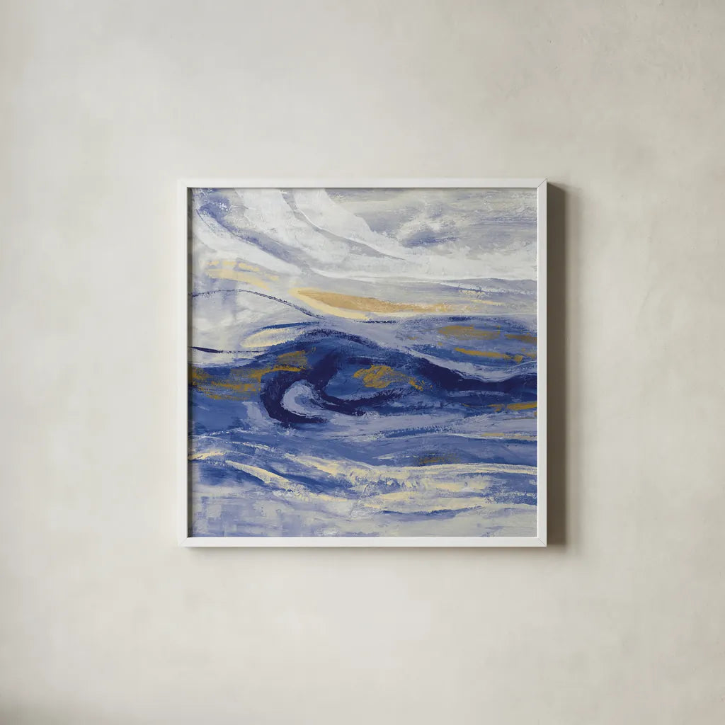Estuary Blue Sq by Silvia Vassileva. Shown in a crisp white glass frame for a clean and minimalist style. Available as an archival giclee rolled canvas, fine art paper, or poster print. SKU 65025a.