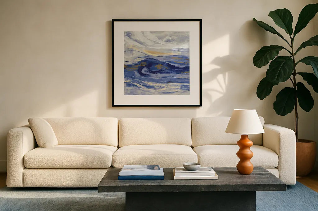 Estuary Blue Sq by Silvia Vassileva. Displayed in a glass frame with matte in a clean modern living room. Available as an archival giclee rolled canvas, fine art paper, or poster print. SKU 65025a.