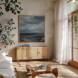 Evening Beach by Silvia Vassileva. Shown in a natural wood frame in a cozy modern living room. Available as an archival giclee rolled canvas, fine art paper, or poster print. SKU 102547a.
