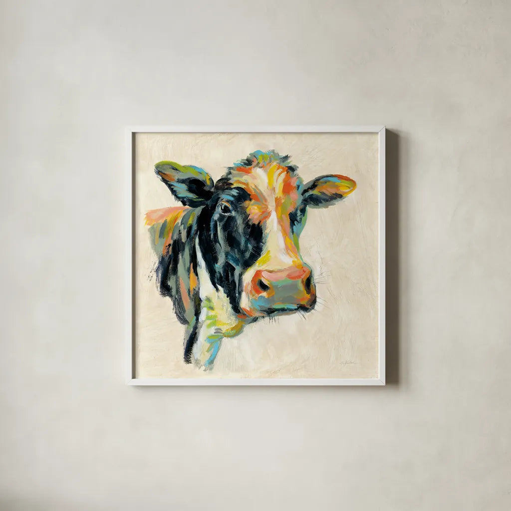Expressionistic Cow I by Silvia Vassileva. Shown in a crisp white glass frame for a clean and minimalist style. Available as an archival giclee rolled canvas, fine art paper, or poster print. SKU 49919a.