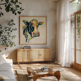 Expressionistic Cow I by Silvia Vassileva. Shown in a natural wood frame in a cozy modern living room. Available as an archival giclee rolled canvas, fine art paper, or poster print. SKU 49919a.