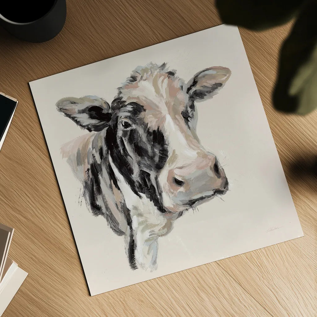 Expressionistic Cow I Neutral by Silvia Vassileva. Shown as a detailed flat fine art print, highlighting archival giclee quality. Available as an archival giclee rolled canvas, fine art paper, or poster print. SKU 59166a.