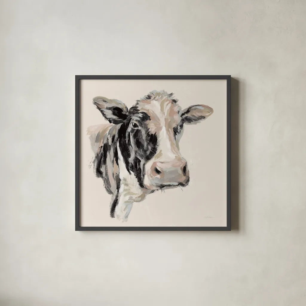 Expressionistic Cow I Neutral by Silvia Vassileva. Shown in a sleek black glass frame for a contemporary gallery look. Available as an archival giclee rolled canvas, fine art paper, or poster print. SKU 59166a.