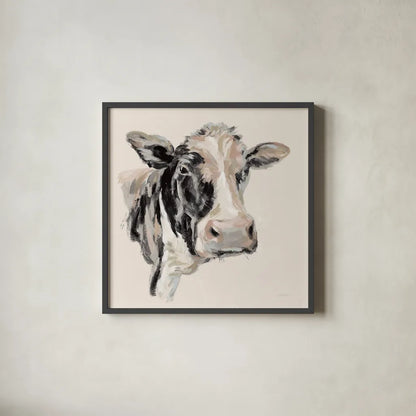 Expressionistic Cow I Neutral by Silvia Vassileva. Shown in a sleek black glass frame for a contemporary gallery look. Available as an archival giclee rolled canvas, fine art paper, or poster print. SKU 59166a.