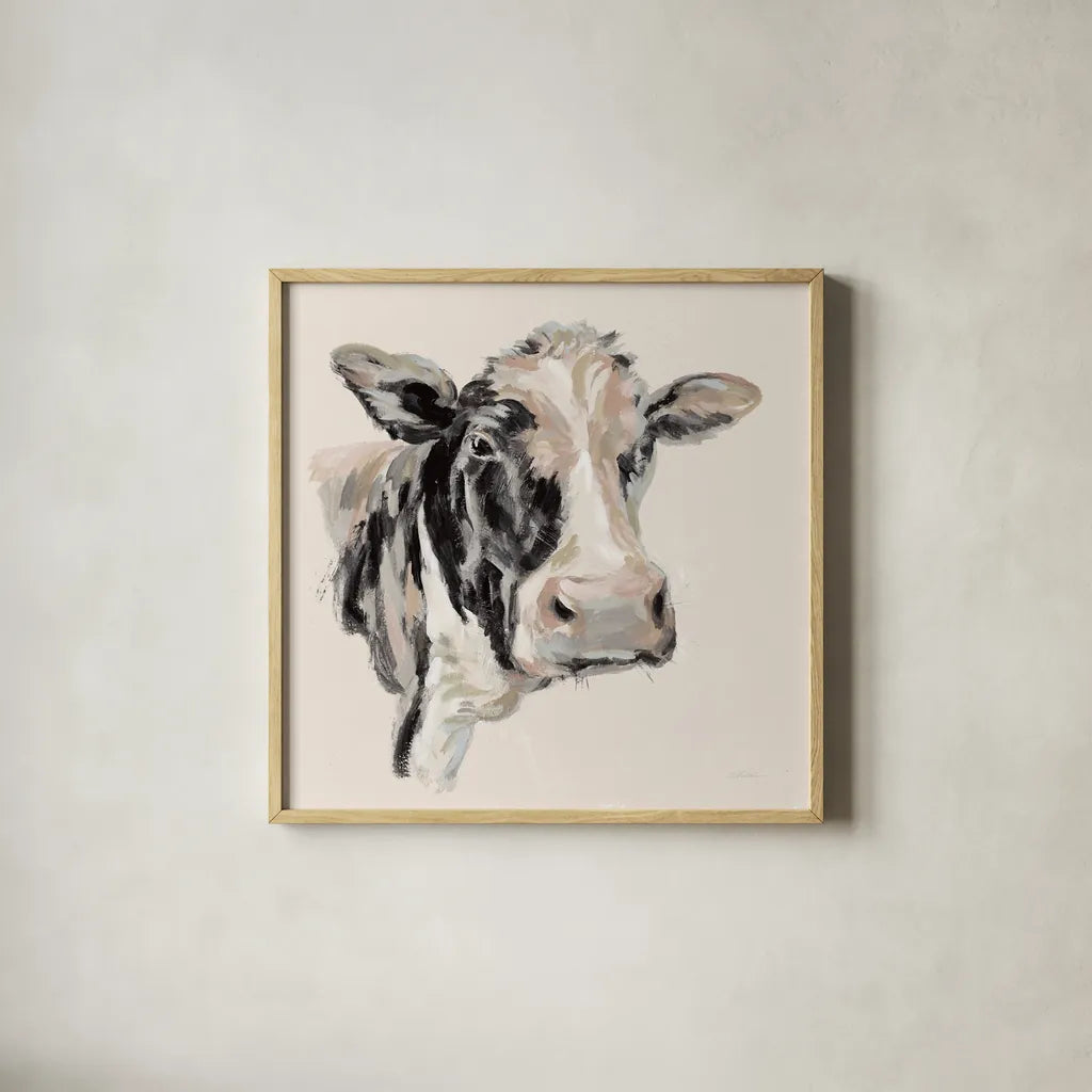 Expressionistic Cow I Neutral by Silvia Vassileva. Shown in a natural wood glass frame for a timeless modern aesthetic. Available as an archival giclee rolled canvas, fine art paper, or poster print. SKU 59166a.