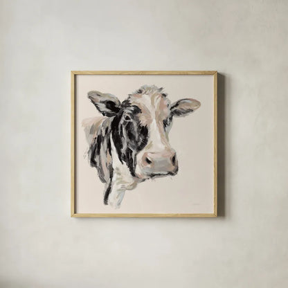 Expressionistic Cow I Neutral by Silvia Vassileva. Shown in a natural wood glass frame for a timeless modern aesthetic. Available as an archival giclee rolled canvas, fine art paper, or poster print. SKU 59166a.
