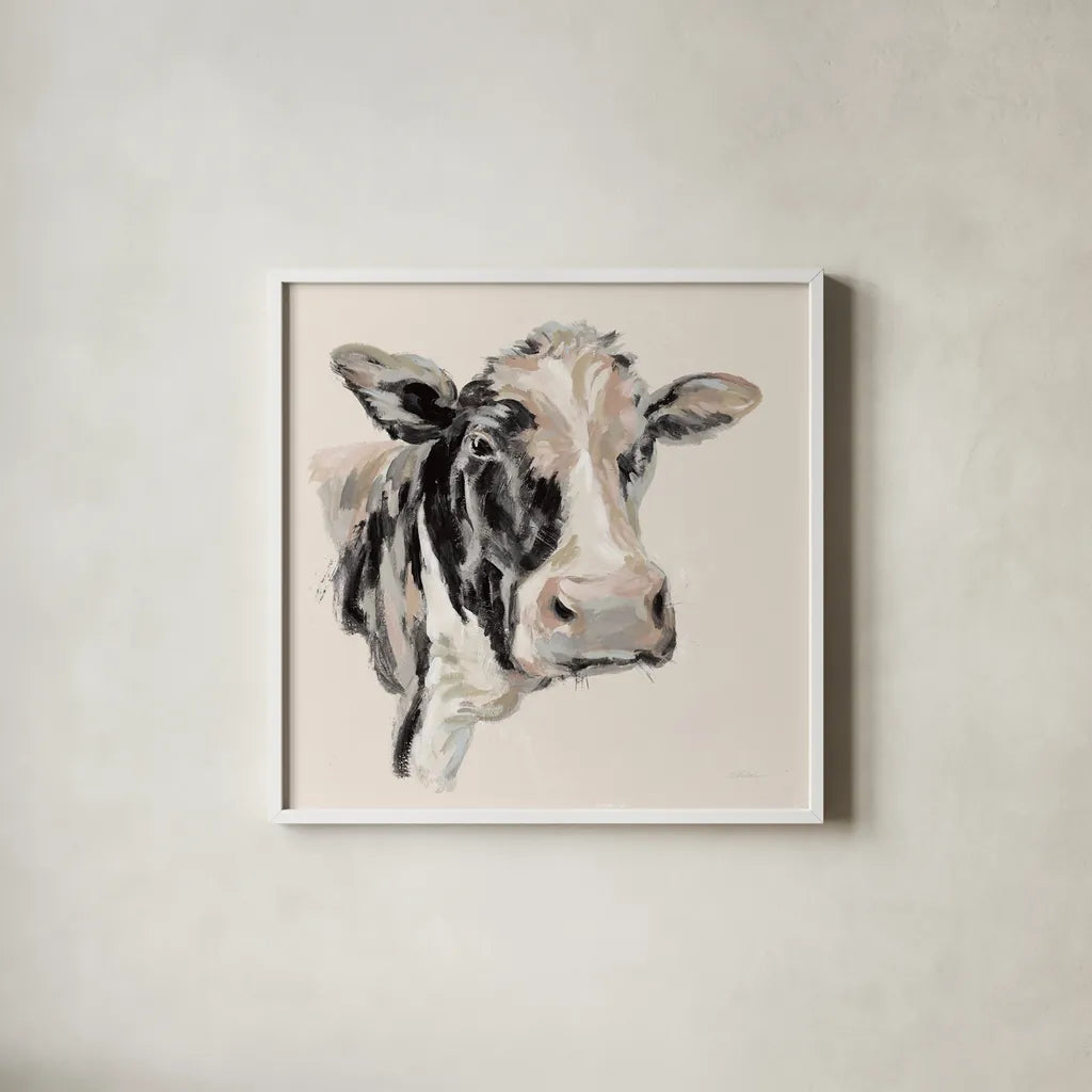 Expressionistic Cow I Neutral by Silvia Vassileva. Shown in a crisp white glass frame for a clean and minimalist style. Available as an archival giclee rolled canvas, fine art paper, or poster print. SKU 59166a.