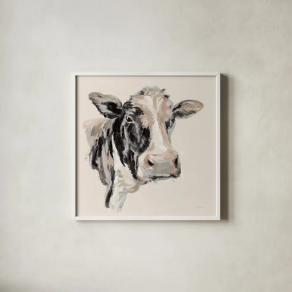 Expressionistic Cow I Neutral by Silvia Vassileva. Shown in a crisp white glass frame for a clean and minimalist style. Available as an archival giclee rolled canvas, fine art paper, or poster print. SKU 59166a.
