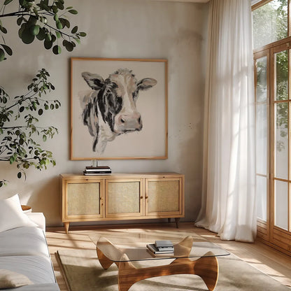 Expressionistic Cow I Neutral by Silvia Vassileva. Shown in a natural wood frame in a cozy modern living room. Available as an archival giclee rolled canvas, fine art paper, or poster print. SKU 59166a.