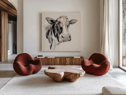 Expressionistic Cow I Neutral by Silvia Vassileva. Shown as extra-large giant wall art in a modern living room. Available as an archival giclee rolled canvas, fine art paper, or poster print. SKU 59166a.