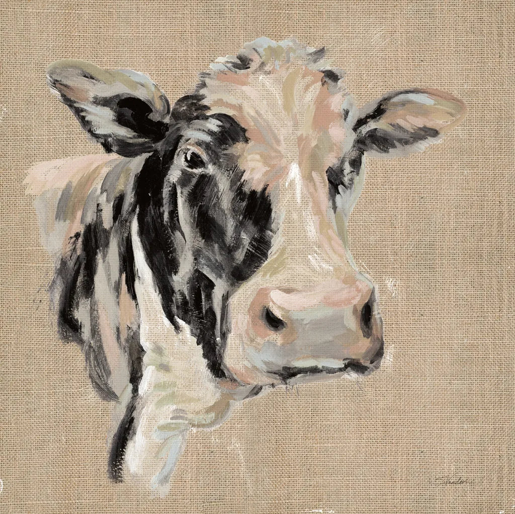 Expressionistic Cow I Neutral Burlap by Silvia Vassileva. SKU 101475a. Archival Giclee Fine art print for wall decor.
