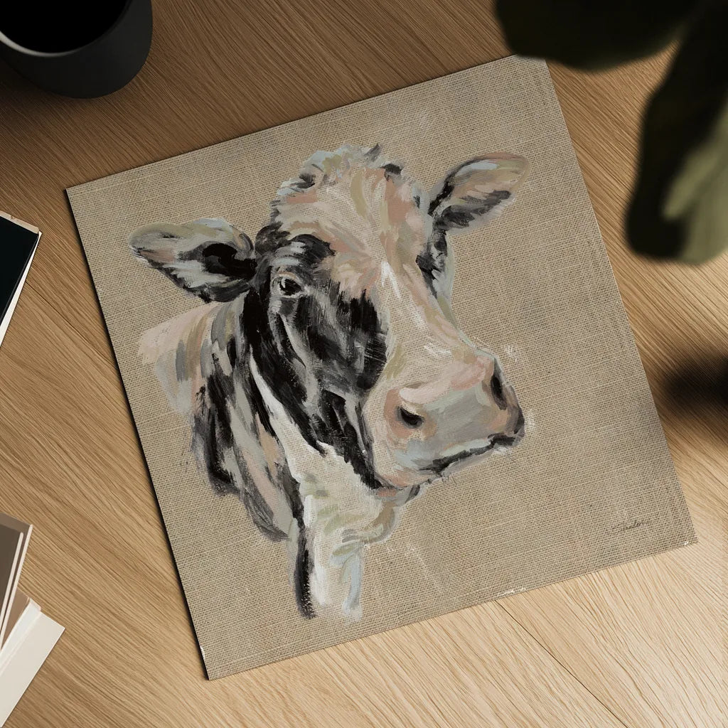 Expressionistic Cow I Neutral Burlap by Silvia Vassileva. Shown as a detailed flat fine art print, highlighting archival giclee quality. Available as an archival giclee rolled canvas, fine art paper, or poster print. SKU 101475a.