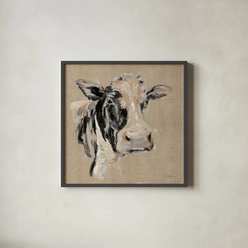 Expressionistic Cow I Neutral Burlap by Silvia Vassileva. Shown in a sleek black glass frame for a contemporary gallery look. Available as an archival giclee rolled canvas, fine art paper, or poster print. SKU 101475a.