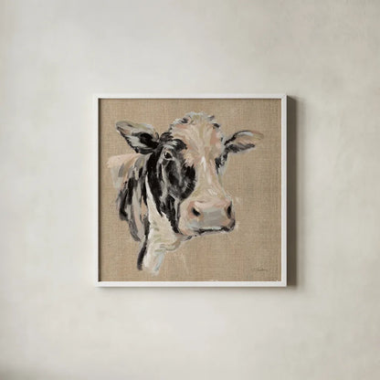 Expressionistic Cow I Neutral Burlap by Silvia Vassileva. Shown in a crisp white glass frame for a clean and minimalist style. Available as an archival giclee rolled canvas, fine art paper, or poster print. SKU 101475a.