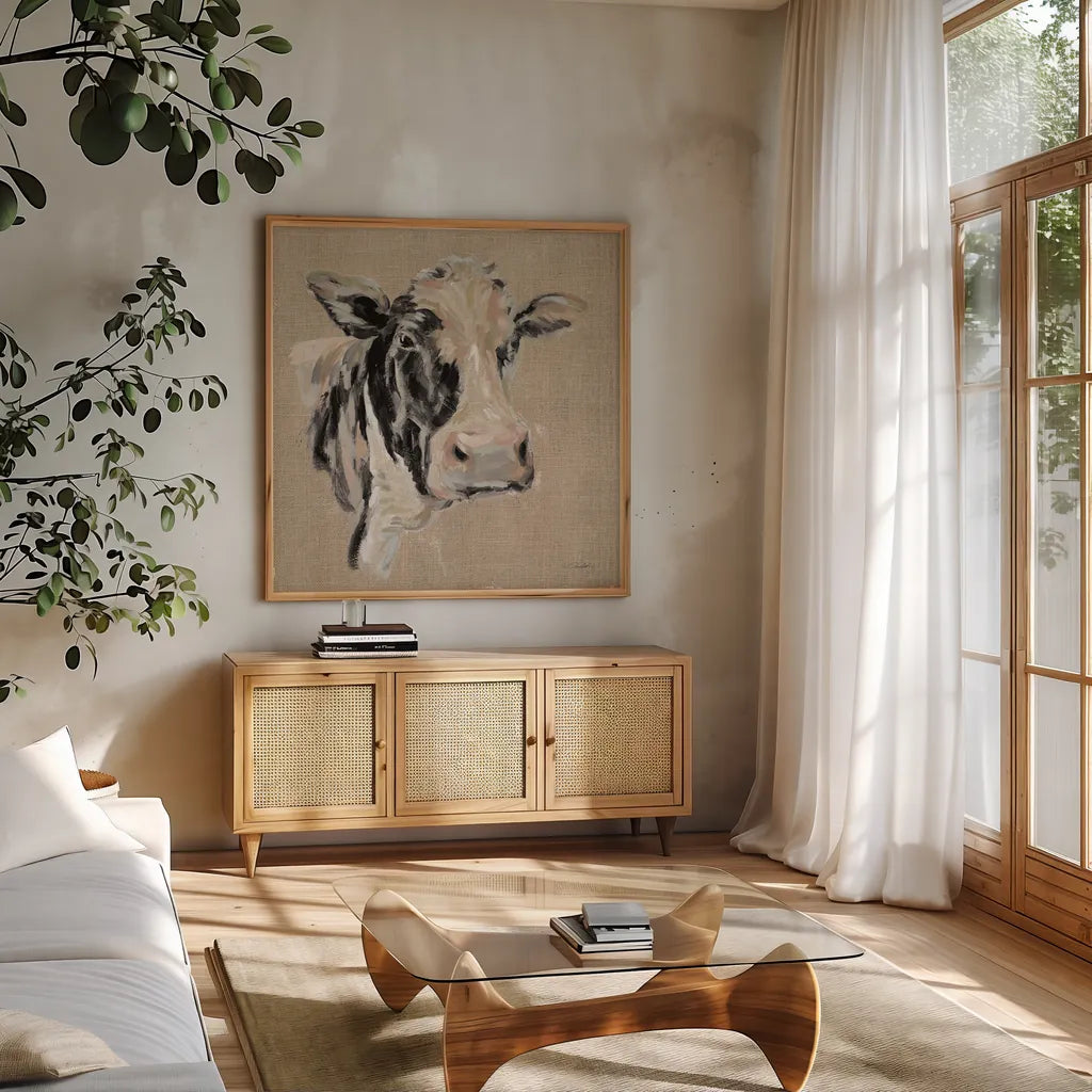 Expressionistic Cow I Neutral Burlap by Silvia Vassileva. Shown in a natural wood frame in a cozy modern living room. Available as an archival giclee rolled canvas, fine art paper, or poster print. SKU 101475a.