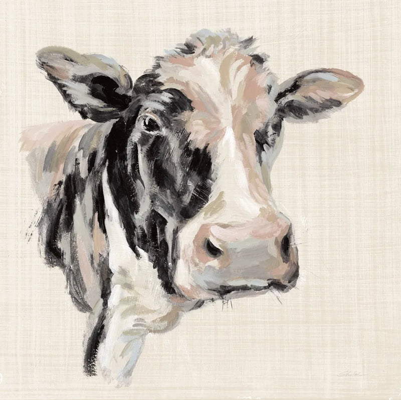 Expressionistic Cow I Neutral Linen by Silvia Vassileva. SKU 52890a. Archival Giclee Fine art print for wall decor.