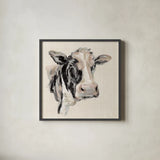 Expressionistic Cow I Neutral Linen by Silvia Vassileva. Shown in a sleek black glass frame for a contemporary gallery look. Available as an archival giclee rolled canvas, fine art paper, or poster print. SKU 52890a.