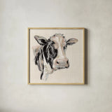 Expressionistic Cow I Neutral Linen by Silvia Vassileva. Shown in a natural wood glass frame for a timeless modern aesthetic. Available as an archival giclee rolled canvas, fine art paper, or poster print. SKU 52890a.