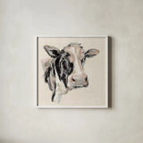 Expressionistic Cow I Neutral Linen by Silvia Vassileva. Shown in a crisp white glass frame for a clean and minimalist style. Available as an archival giclee rolled canvas, fine art paper, or poster print. SKU 52890a.