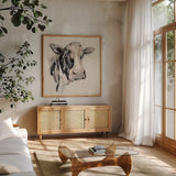 Expressionistic Cow I Neutral Linen by Silvia Vassileva. Shown in a natural wood frame in a cozy modern living room. Available as an archival giclee rolled canvas, fine art paper, or poster print. SKU 52890a.