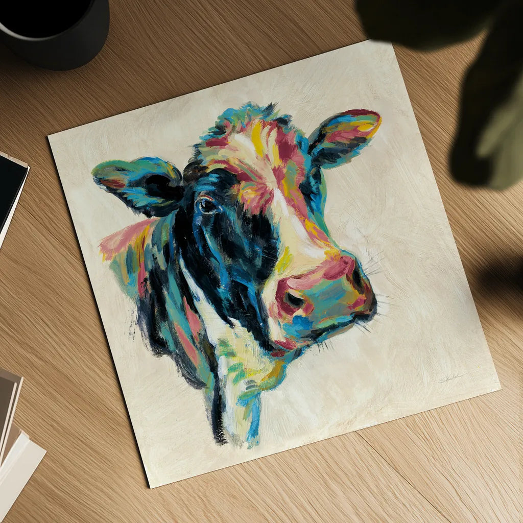 Expressionistic Cow I v2 by Silvia Vassileva. Shown as a detailed flat fine art print, highlighting archival giclee quality. Available as an archival giclee rolled canvas, fine art paper, or poster print. SKU 54354a.