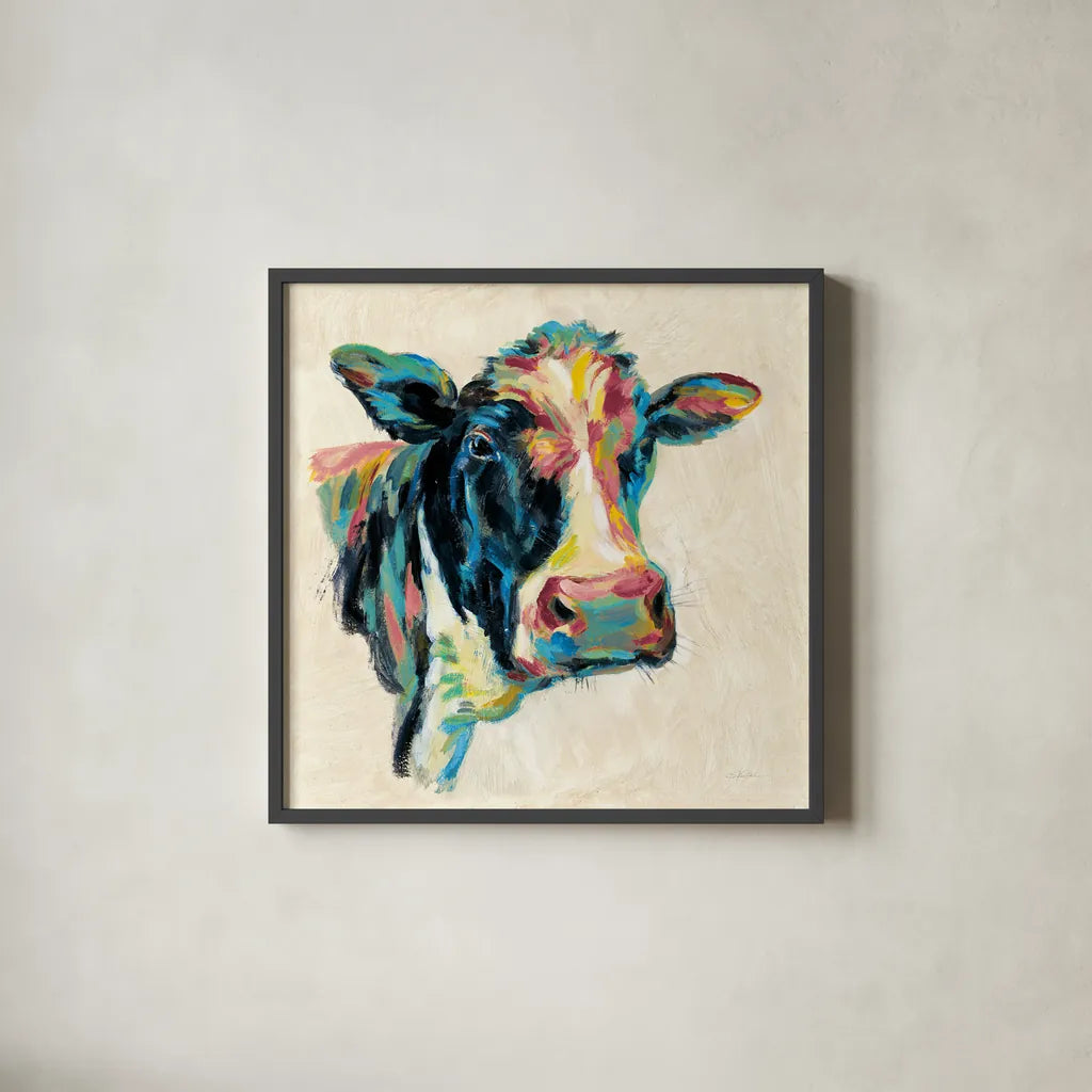Expressionistic Cow I v2 by Silvia Vassileva. Shown in a sleek black glass frame for a contemporary gallery look. Available as an archival giclee rolled canvas, fine art paper, or poster print. SKU 54354a.