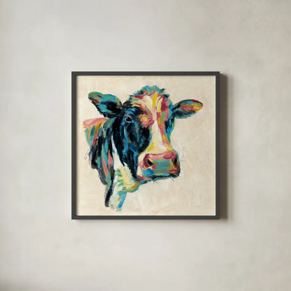 Expressionistic Cow I v2 by Silvia Vassileva. Shown in a sleek black glass frame for a contemporary gallery look. Available as an archival giclee rolled canvas, fine art paper, or poster print. SKU 54354a.