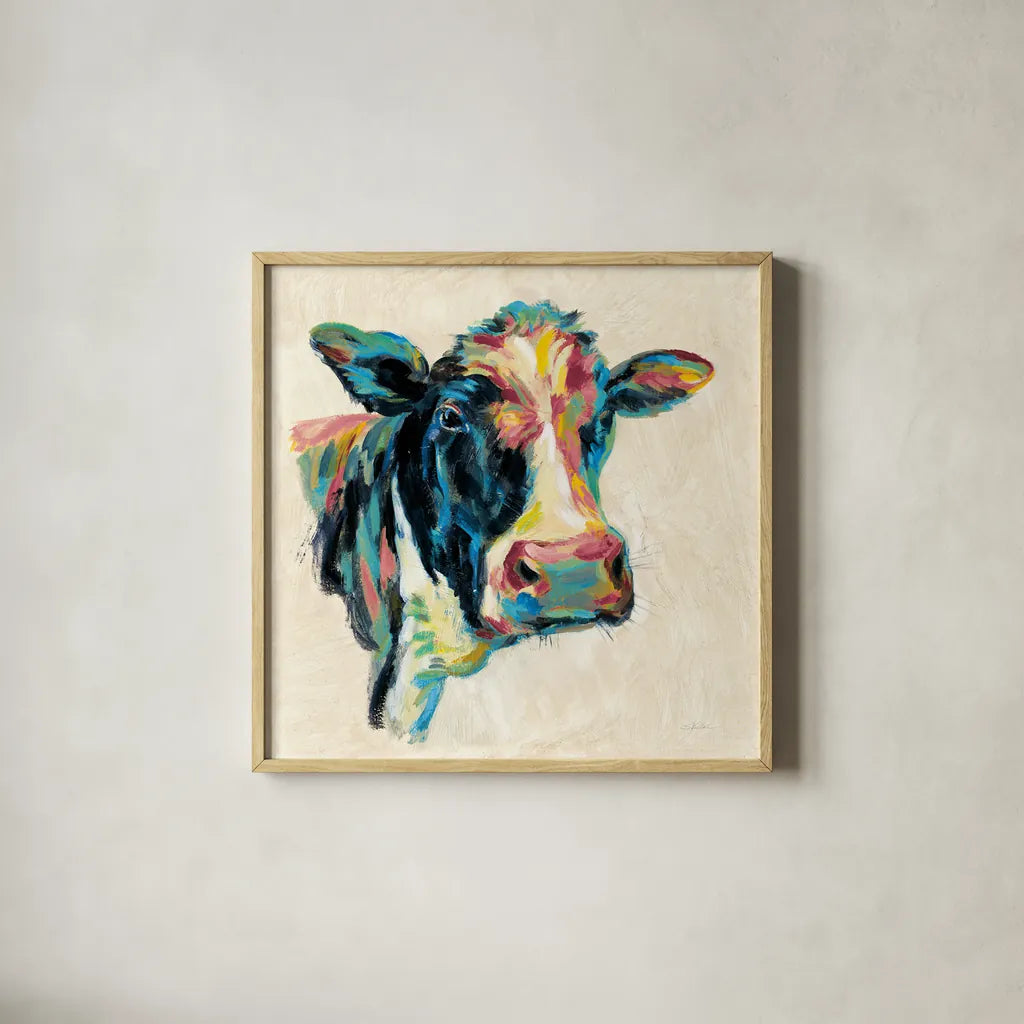 Expressionistic Cow I v2 by Silvia Vassileva. Shown in a natural wood glass frame for a timeless modern aesthetic. Available as an archival giclee rolled canvas, fine art paper, or poster print. SKU 54354a.