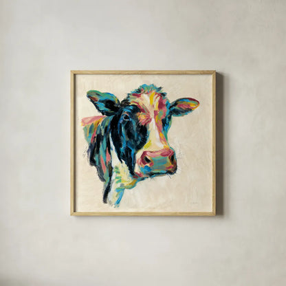 Expressionistic Cow I v2 by Silvia Vassileva. Shown in a natural wood glass frame for a timeless modern aesthetic. Available as an archival giclee rolled canvas, fine art paper, or poster print. SKU 54354a.